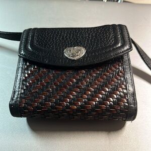 Brighton Crossbody two tone black/brown, weave, wallet with 56 inch strap.